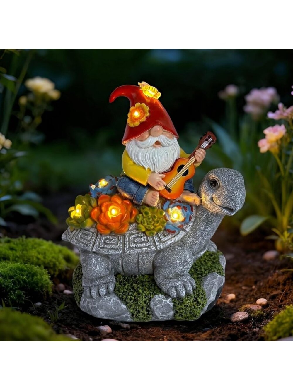 Funny Gnome Key Hider with Guitar & Turtle - Outdoor Garden Decor & Solar Light